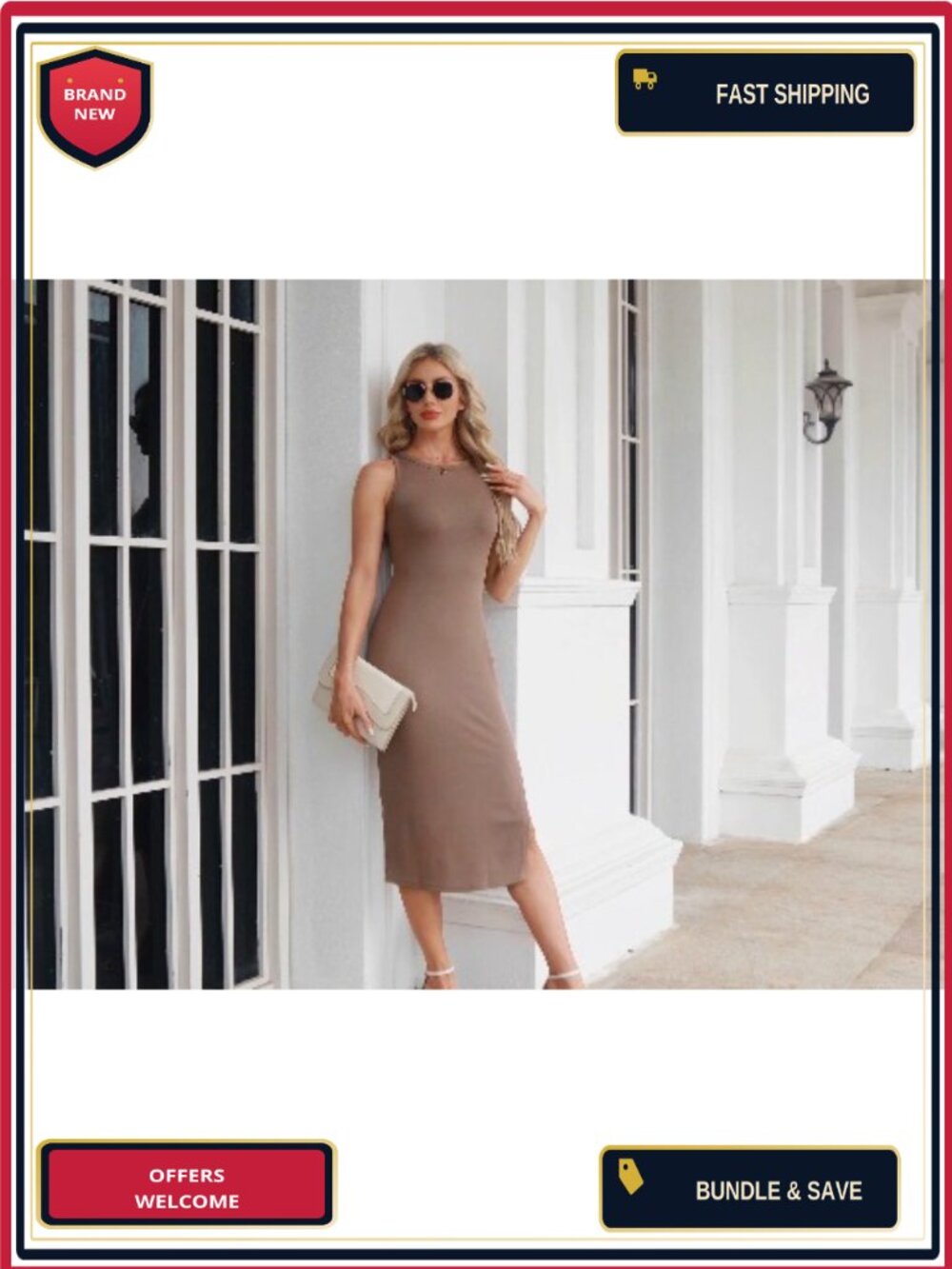 Sleeveless Bodycon Midi Dress Women Ribbed Knit Stretchy Side Slit - Picture 6 of 6
